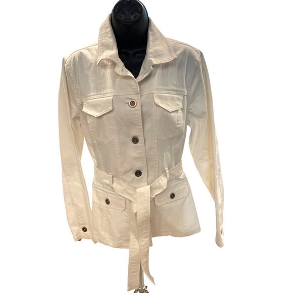 French Cuff White Belted Stretch Denim Buttoned Jacket Sz L - Picture 1 of 10